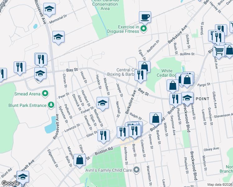 map of restaurants, bars, coffee shops, grocery stores, and more near 192 Jasper Street in Springfield