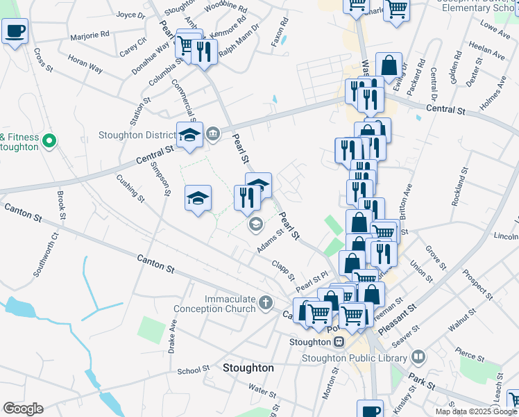 map of restaurants, bars, coffee shops, grocery stores, and more near 232 Pearl Street in Stoughton