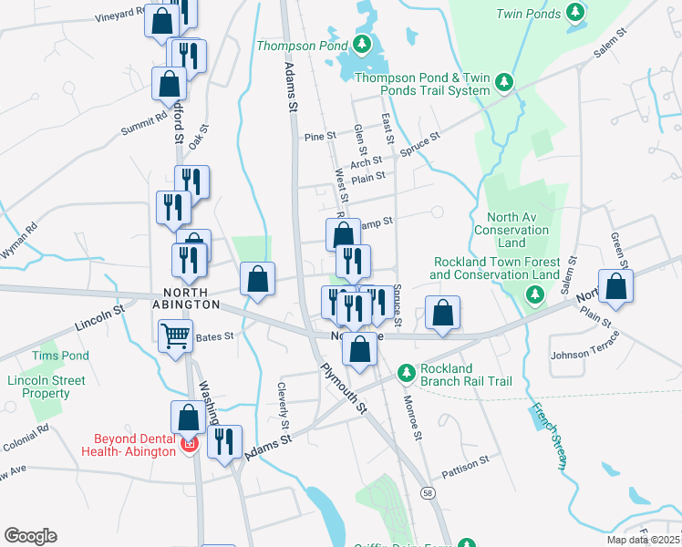 map of restaurants, bars, coffee shops, grocery stores, and more near 168 Wales Street in Abington