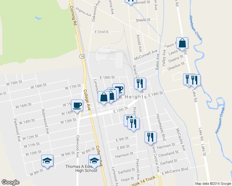 map of restaurants, bars, coffee shops, grocery stores, and more near 230 Elmwood Avenue in Elmira