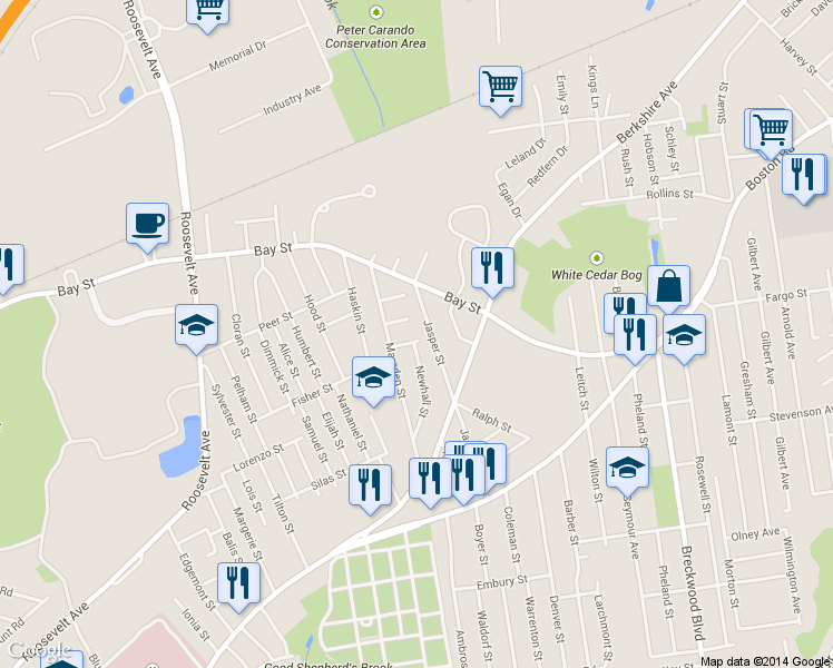 map of restaurants, bars, coffee shops, grocery stores, and more near 192 Jasper Street in Springfield