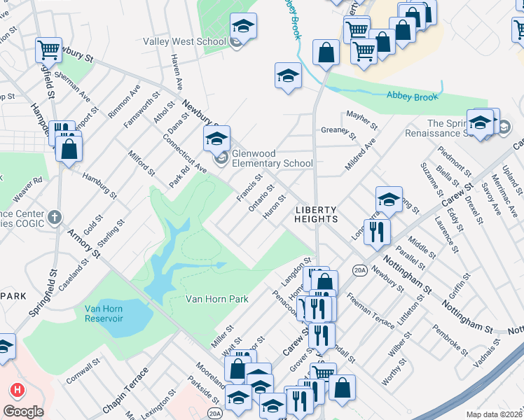 map of restaurants, bars, coffee shops, grocery stores, and more near 43 Ontario Street in Springfield