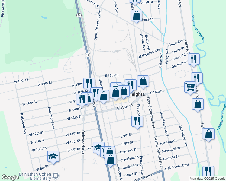 map of restaurants, bars, coffee shops, grocery stores, and more near 237 Elmwood Avenue in Elmira