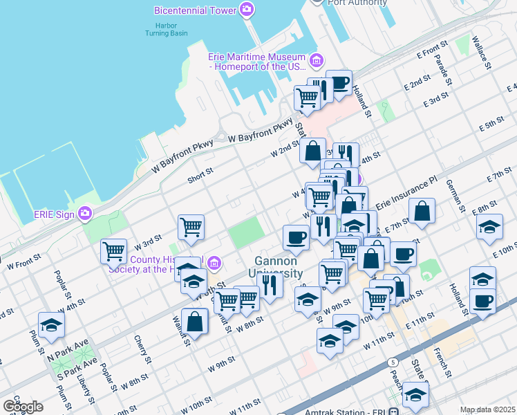 map of restaurants, bars, coffee shops, grocery stores, and more near 314 Sassafras Street in Erie