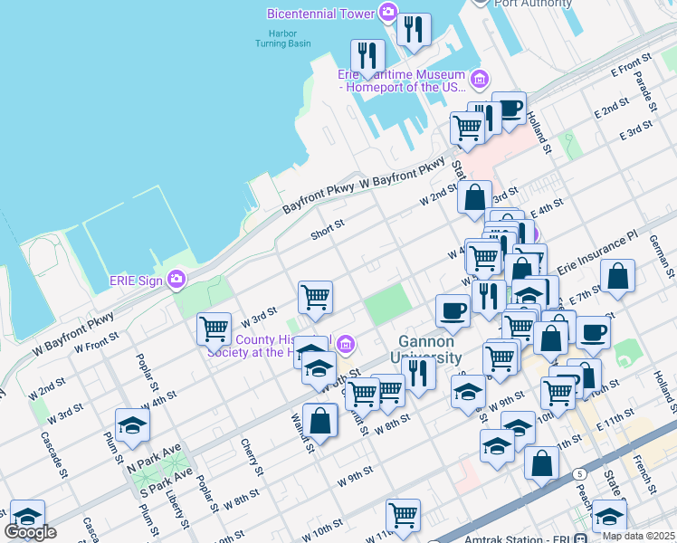 map of restaurants, bars, coffee shops, grocery stores, and more near 214 Myrtle Street in Erie