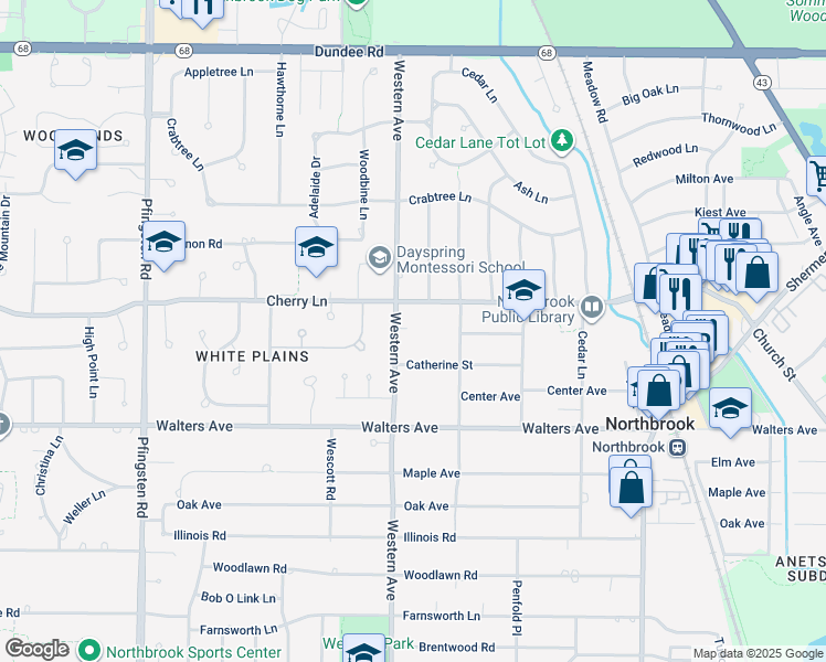 map of restaurants, bars, coffee shops, grocery stores, and more near 1211 Western Avenue in Northbrook