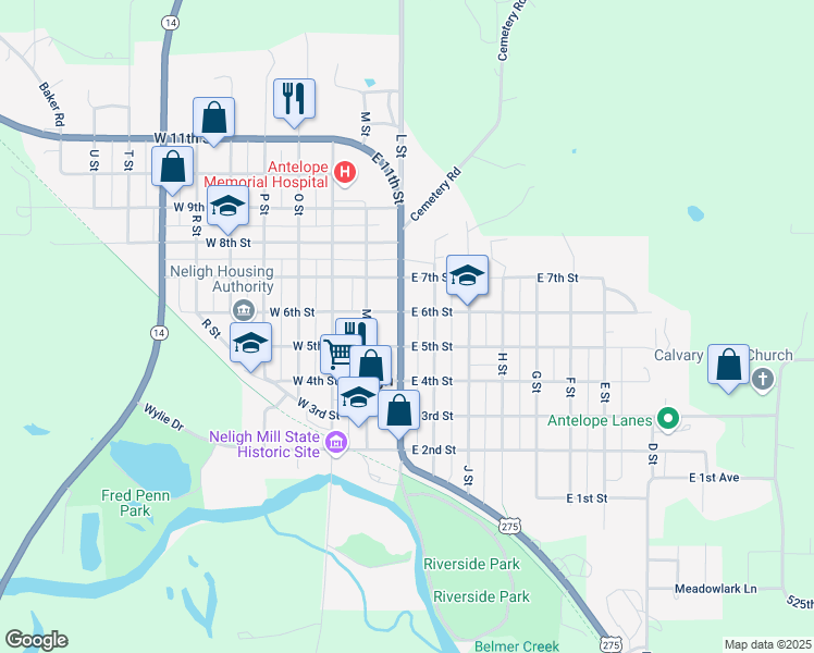 map of restaurants, bars, coffee shops, grocery stores, and more near 509 L Street in Neligh