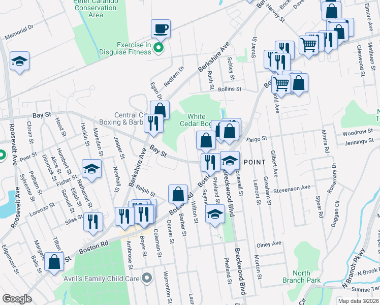 map of restaurants, bars, coffee shops, grocery stores, and more near 97 Leitch Street in Springfield