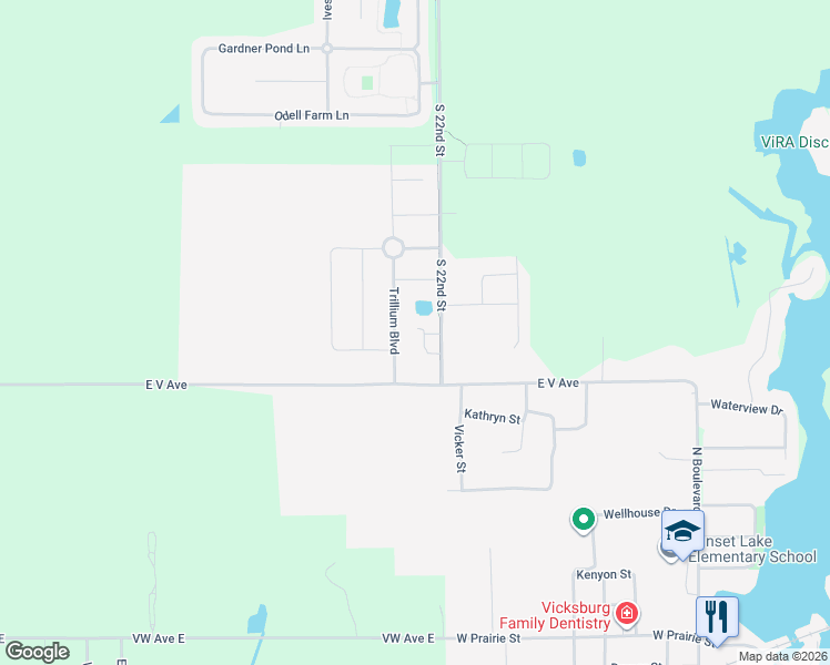 map of restaurants, bars, coffee shops, grocery stores, and more near 1117 Trillium Boulevard in Vicksburg