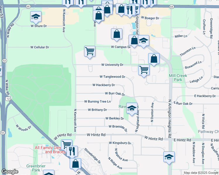 map of restaurants, bars, coffee shops, grocery stores, and more near 519 West Hackberry Drive in Arlington Heights