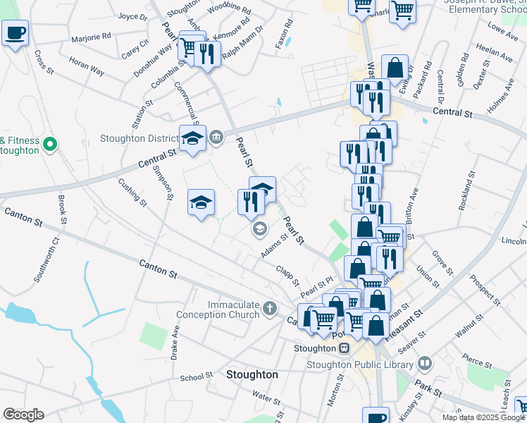 map of restaurants, bars, coffee shops, grocery stores, and more near 232 Pearl Street in Stoughton