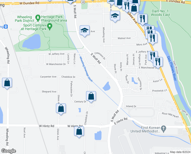 map of restaurants, bars, coffee shops, grocery stores, and more near 436 Allen Court in Wheeling