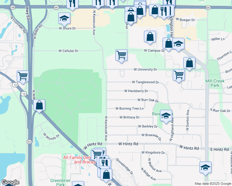 map of restaurants, bars, coffee shops, grocery stores, and more near 807 West Hackberry Drive in Arlington Heights
