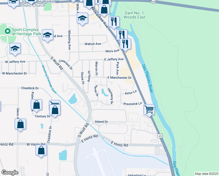 map of restaurants, bars, coffee shops, grocery stores, and more near 459 Hickory Drive in Wheeling