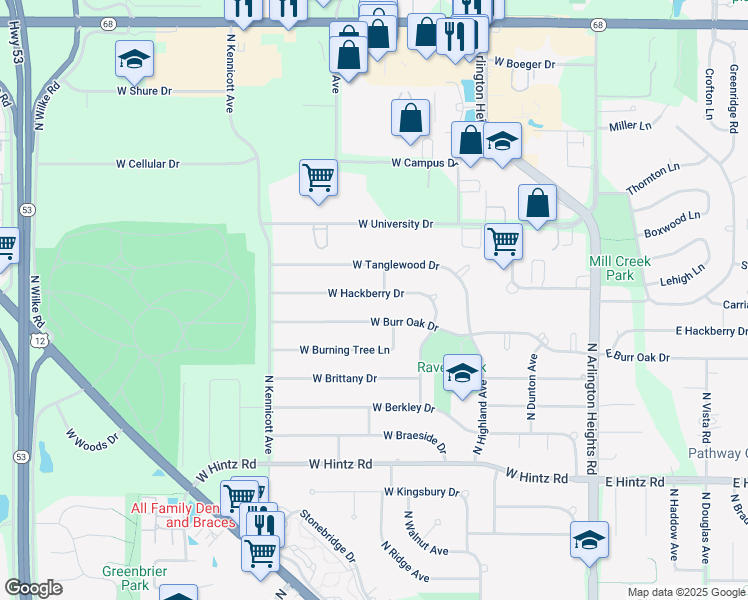 map of restaurants, bars, coffee shops, grocery stores, and more near 519 West Hackberry Drive in Arlington Heights