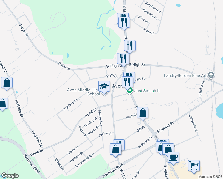map of restaurants, bars, coffee shops, grocery stores, and more near in Avon