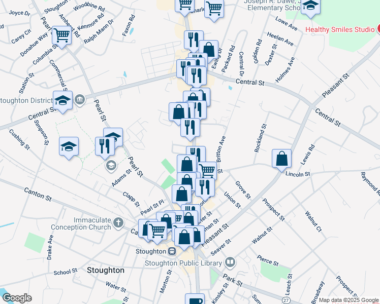 map of restaurants, bars, coffee shops, grocery stores, and more near 566 Washington Street in Stoughton