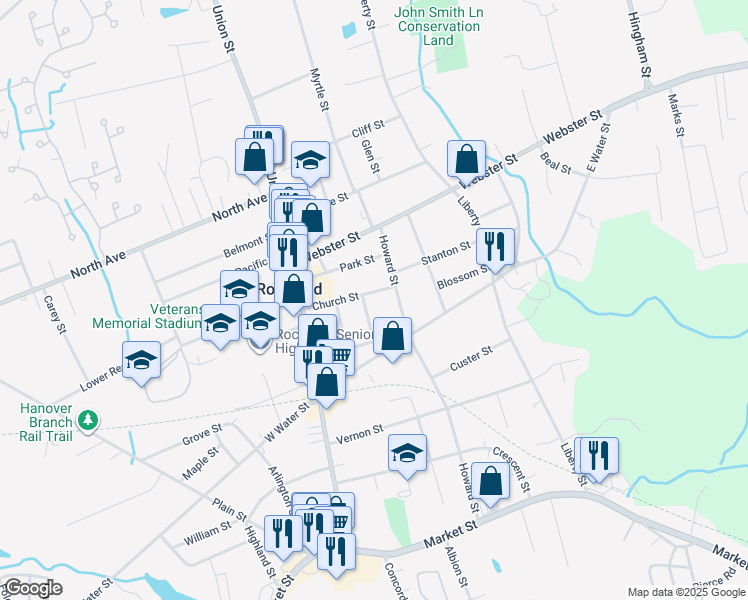 map of restaurants, bars, coffee shops, grocery stores, and more near 99 Church Street in Rockland