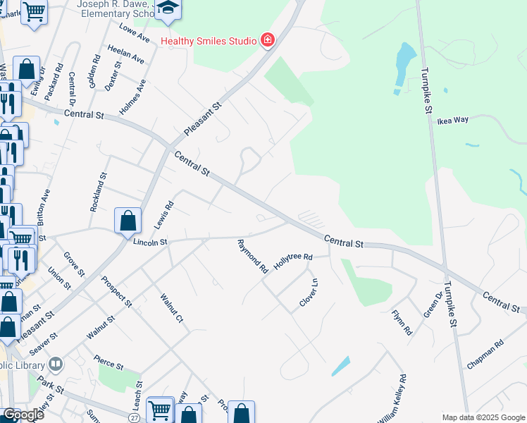 map of restaurants, bars, coffee shops, grocery stores, and more near 566 Central Street in Stoughton
