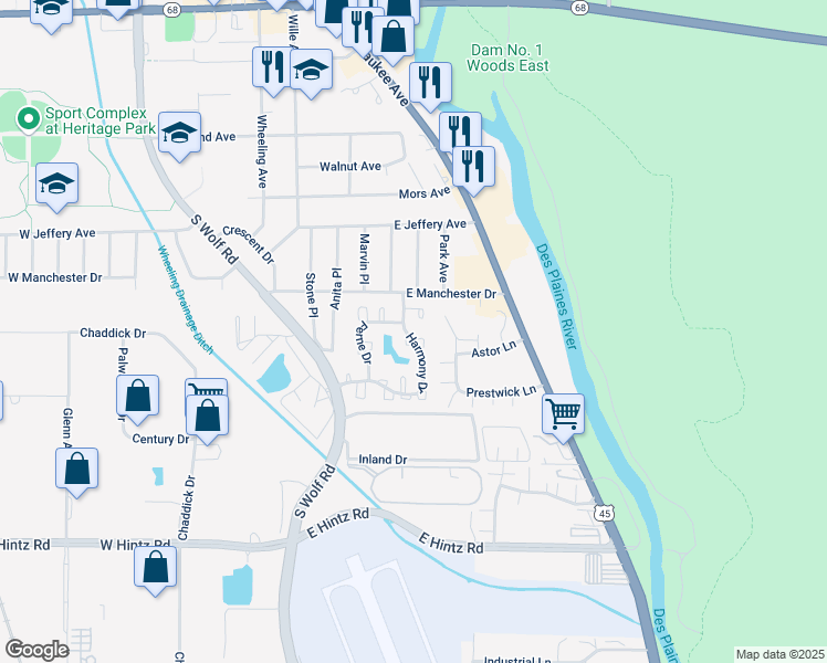 map of restaurants, bars, coffee shops, grocery stores, and more near 459 Hickory Drive in Wheeling