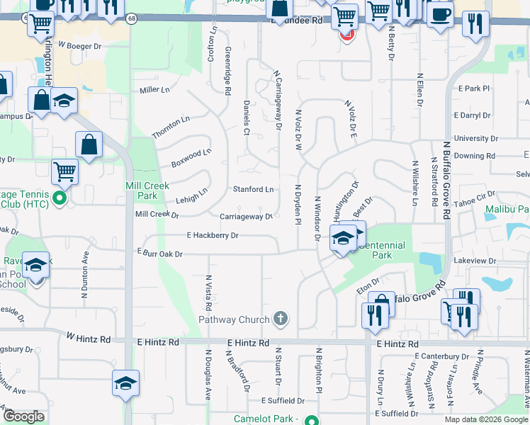 map of restaurants, bars, coffee shops, grocery stores, and more near 6 Ashford Court in Buffalo Grove