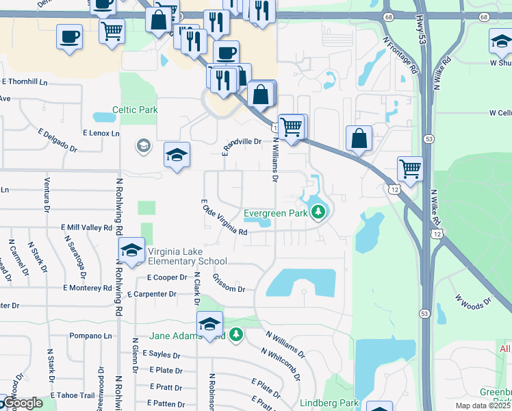 map of restaurants, bars, coffee shops, grocery stores, and more near 1146 Meadow Lake Drive in Palatine