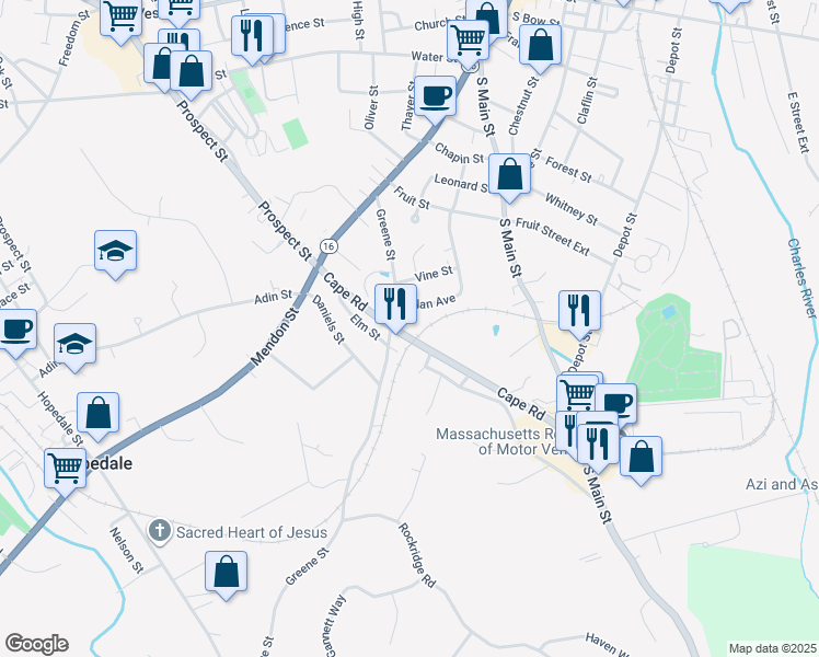 map of restaurants, bars, coffee shops, grocery stores, and more near 1 Cape Road in Milford