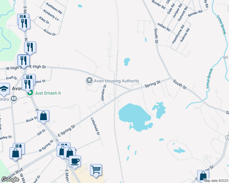 map of restaurants, bars, coffee shops, grocery stores, and more near 271 East High Street in Avon