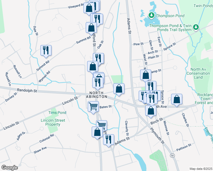 map of restaurants, bars, coffee shops, grocery stores, and more near 39 Winthrop Street in Abington