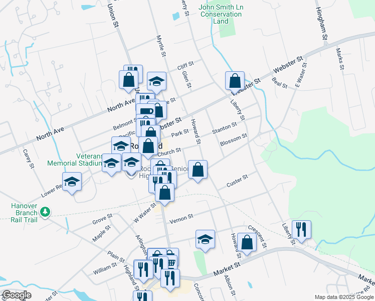 map of restaurants, bars, coffee shops, grocery stores, and more near 99 Church Street in Rockland