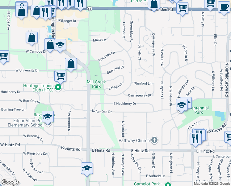map of restaurants, bars, coffee shops, grocery stores, and more near 1408 Mill Creek Drive in Buffalo Grove