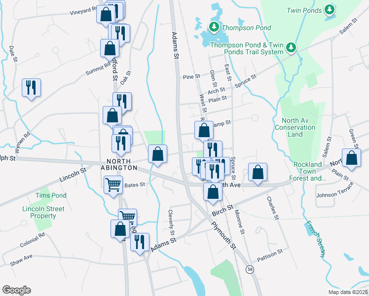 map of restaurants, bars, coffee shops, grocery stores, and more near 168 Wales Street in Abington
