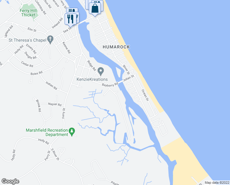 map of restaurants, bars, coffee shops, grocery stores, and more near 3 Bank Road in Marshfield
