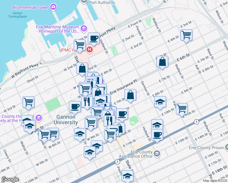 map of restaurants, bars, coffee shops, grocery stores, and more near in Erie