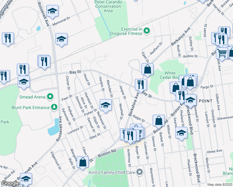 map of restaurants, bars, coffee shops, grocery stores, and more near 14 Crismer Place in Springfield
