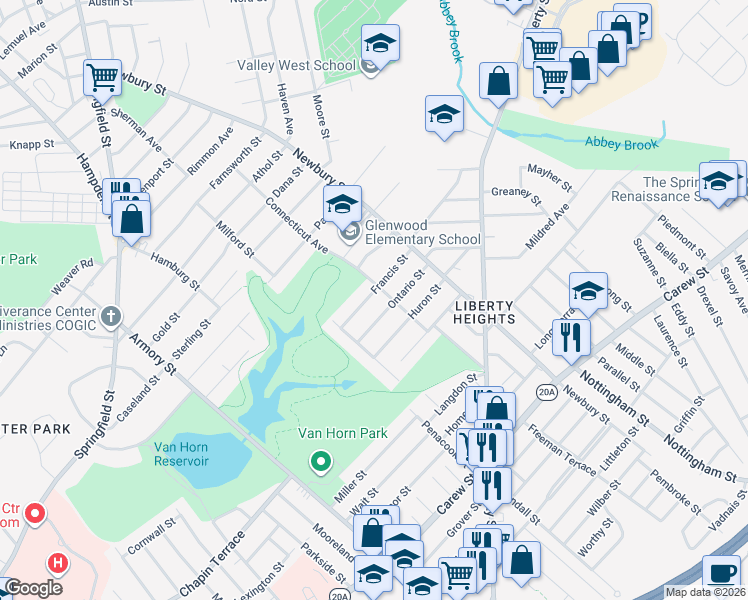map of restaurants, bars, coffee shops, grocery stores, and more near 73 Francis Street in Springfield
