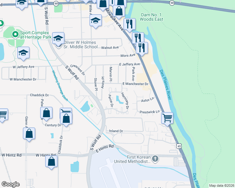 map of restaurants, bars, coffee shops, grocery stores, and more near 399 Ferne Drive in Wheeling