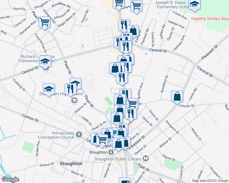 map of restaurants, bars, coffee shops, grocery stores, and more near 37 Rose Glen Street in Stoughton