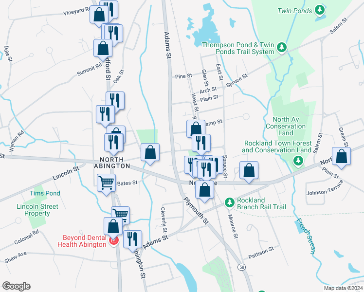 map of restaurants, bars, coffee shops, grocery stores, and more near 168 Wales Street in Abington