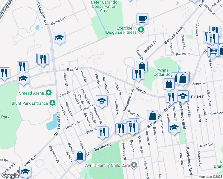 map of restaurants, bars, coffee shops, grocery stores, and more near 14 Crismer Place in Springfield