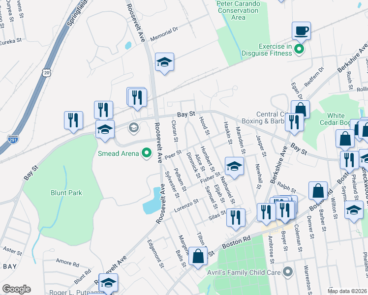 map of restaurants, bars, coffee shops, grocery stores, and more near 77 West Bay Path Terrace in Springfield
