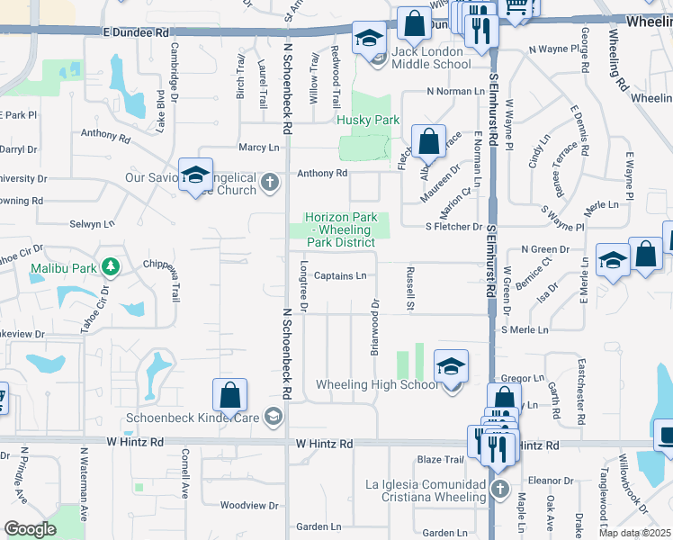 map of restaurants, bars, coffee shops, grocery stores, and more near 1078 Captains Lane in Wheeling
