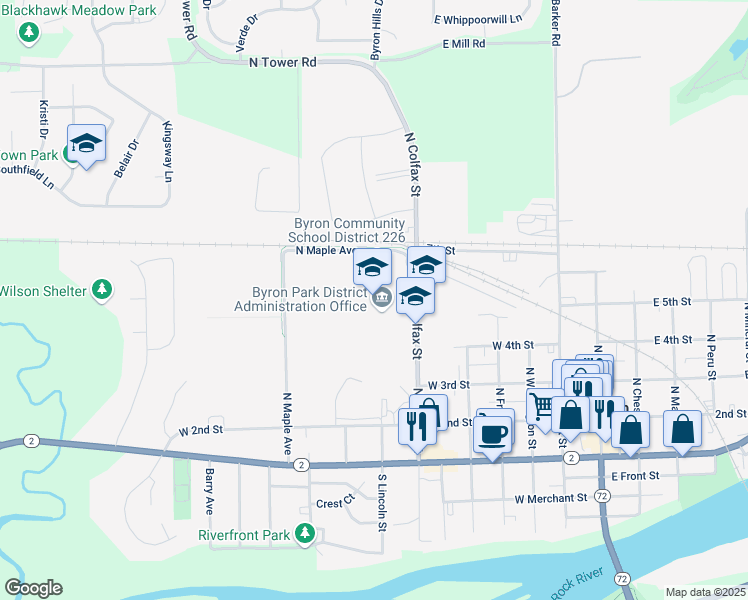 map of restaurants, bars, coffee shops, grocery stores, and more near 696 North Colfax Street in Byron