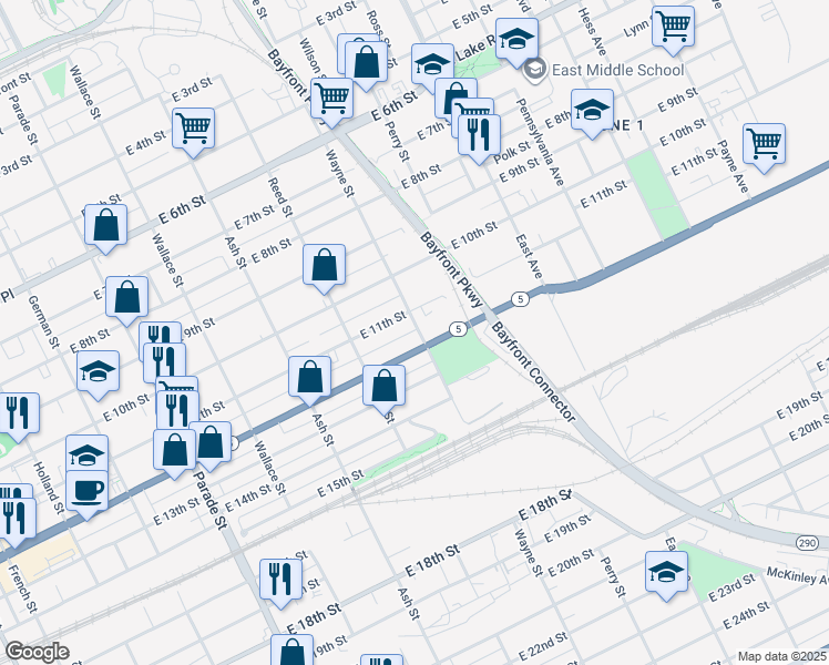 map of restaurants, bars, coffee shops, grocery stores, and more near 1122 Wayne Street in Erie