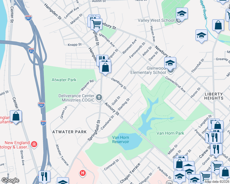 map of restaurants, bars, coffee shops, grocery stores, and more near 54 Silver Street in Springfield