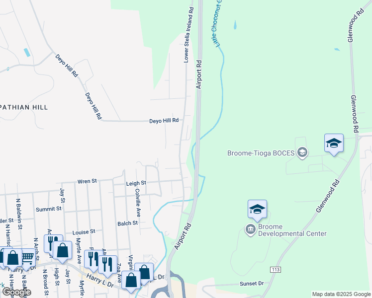 map of restaurants, bars, coffee shops, grocery stores, and more near 254 Lower Stella Ireland Road in Binghamton
