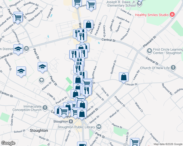 map of restaurants, bars, coffee shops, grocery stores, and more near 46 Britton Avenue in Stoughton