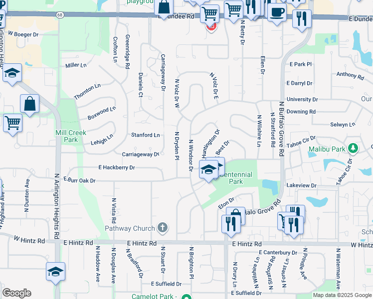 map of restaurants, bars, coffee shops, grocery stores, and more near 3014 North Windsor Drive in Arlington Heights
