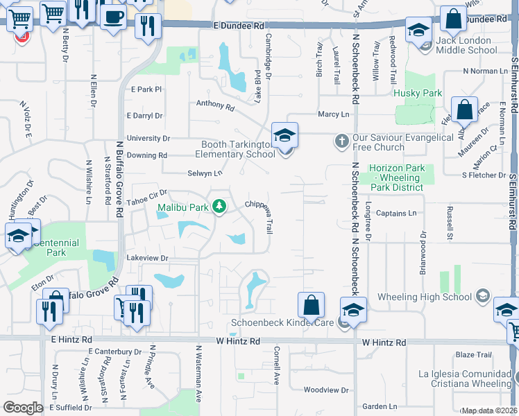map of restaurants, bars, coffee shops, grocery stores, and more near 1497 Chippewa Trail in Wheeling