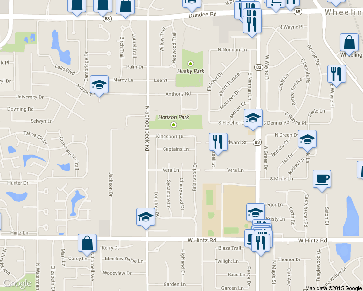 map of restaurants, bars, coffee shops, grocery stores, and more near 1078 Captains Lane in Wheeling